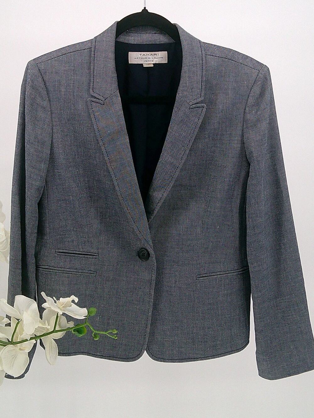Tahari Womens Gray Ventless Faux Pockets Lined Single Breasted Blazer Size 12P